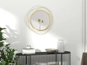 Oglindă decorativă modernă și rotundă de perete cu cârlige, din sticlă și metal, Ø65x1 cm, Aurie